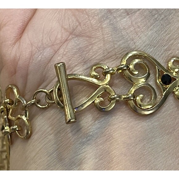 Art Deco Style Gold Tone Black Glass Bracelet Hinged - Picture 3 of 5